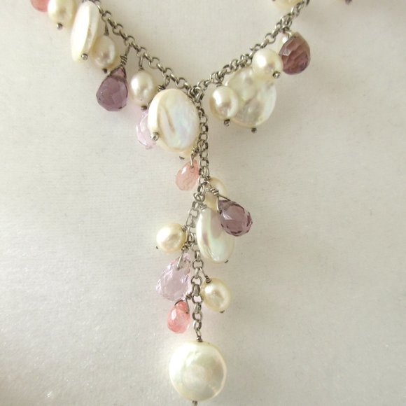 Mother of Pearl Pink & White Beaded Drop Necklace - Picture 2 of 5